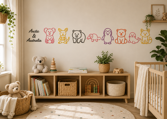 Arctic and Australia Animal Wall Decor Set displayed in a modern nursery with wildlife décor