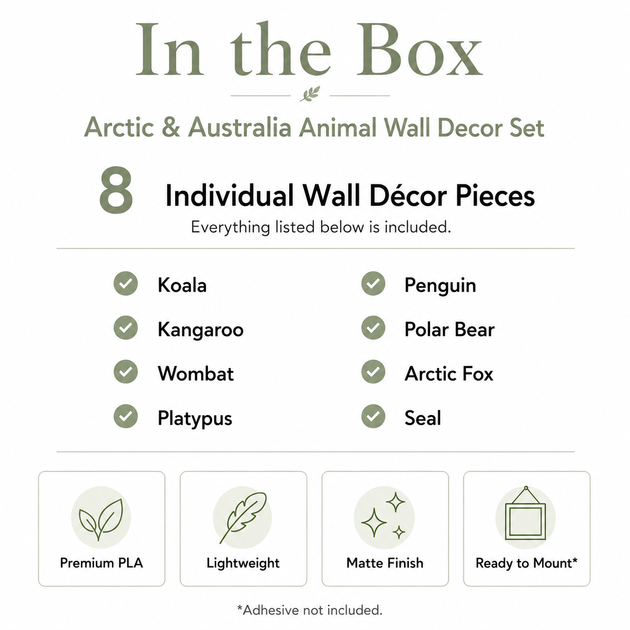 Arctic and Australia Animal Wall Decor Set with handcrafted wall décor pieces, installation guide and packaging