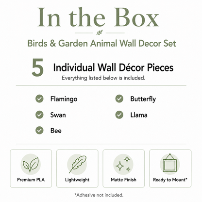 Birds and Garden Wall Decor Set with handcrafted wall décor pieces, installation guide and packaging