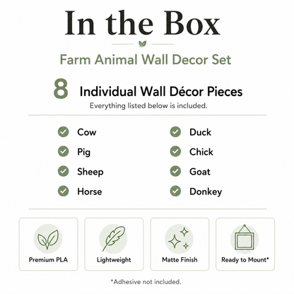 Farm Animal Wall Decor Set with handcrafted wall décor pieces, installation guide and packaging