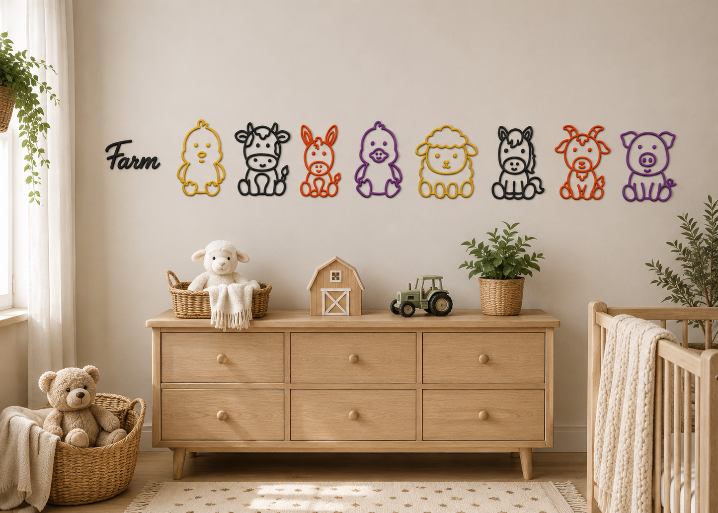Farm Animal Wall Decor Set displayed in a bright nursery with charming farm animal wall décor