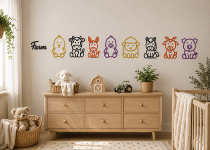 Farm Animal Wall Decor Set displayed in a bright nursery with charming farm animal wall décor