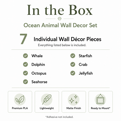 Ocean Animal Wall Decor Set showing dimensions, colours, material and installation details