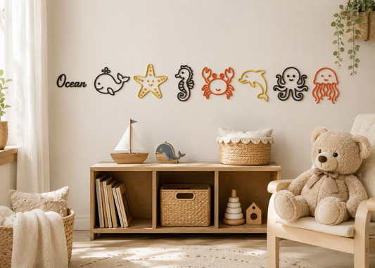Ocean Animal Wall Decor Set displayed in a calming coastal themed nursery