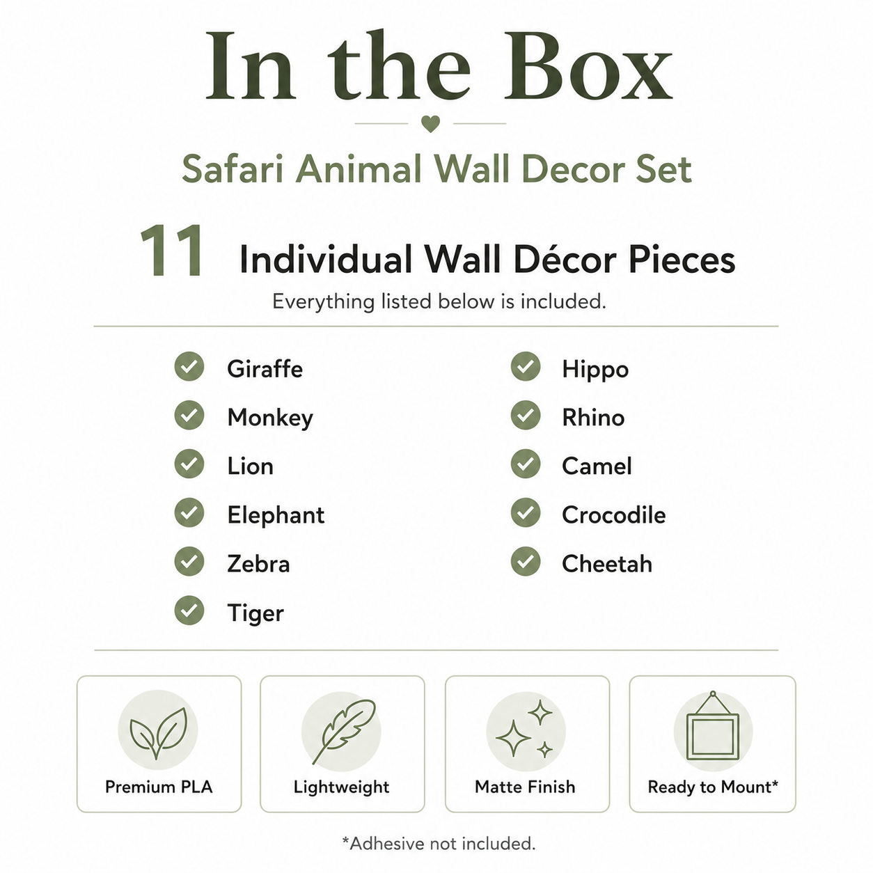 Safari Animal Wall Decor Set with handcrafted wall décor pieces, installation guide and packaging