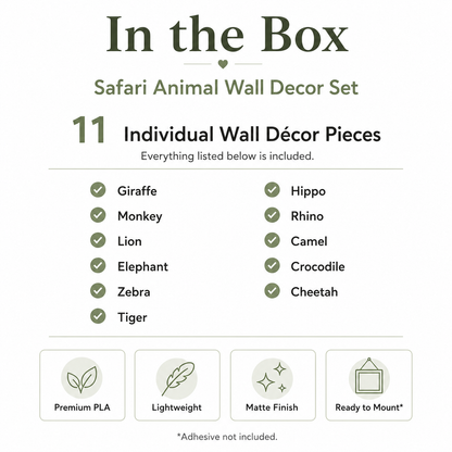 Safari Animal Wall Decor Set with handcrafted wall décor pieces, installation guide and packaging
