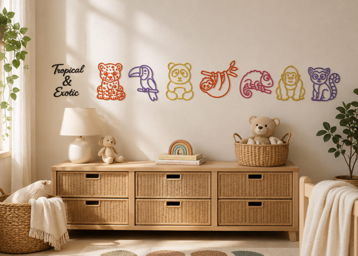 Tropical and Exotic Animal Wall Decor Set displayed in a playful nursery with tropical wildlife décor