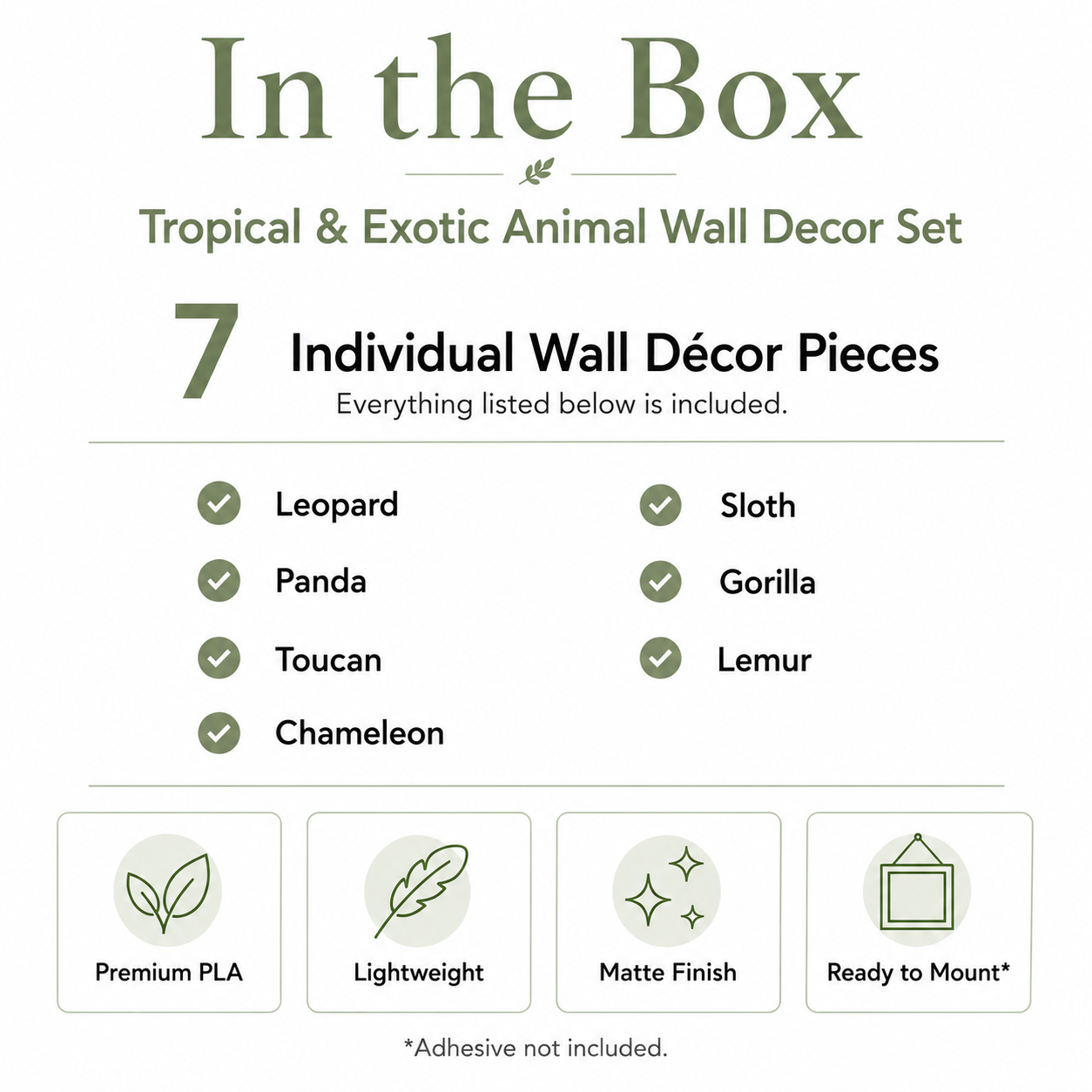 Tropical and Exotic Animal Wall Decor Set with handcrafted wall décor pieces, installation guide and packaging