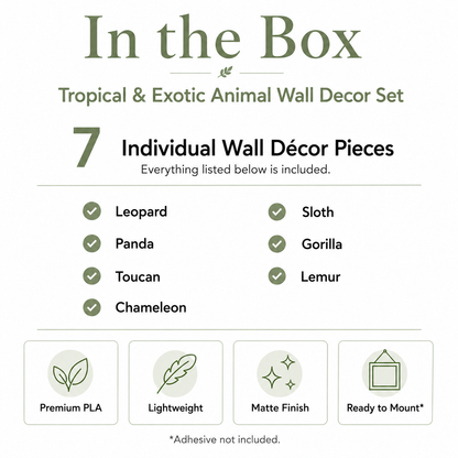 Tropical and Exotic Animal Wall Decor Set with handcrafted wall décor pieces, installation guide and packaging