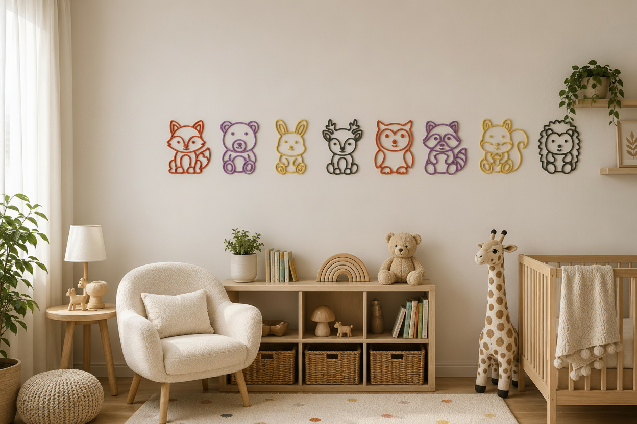 Woodland Animal Wall Decor Set displayed in a cozy Scandinavian nursery with forest animals
