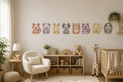 Woodland Animal Wall Decor Set displayed in a cozy Scandinavian nursery with forest animals